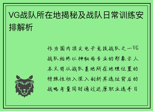 VG战队所在地揭秘及战队日常训练安排解析